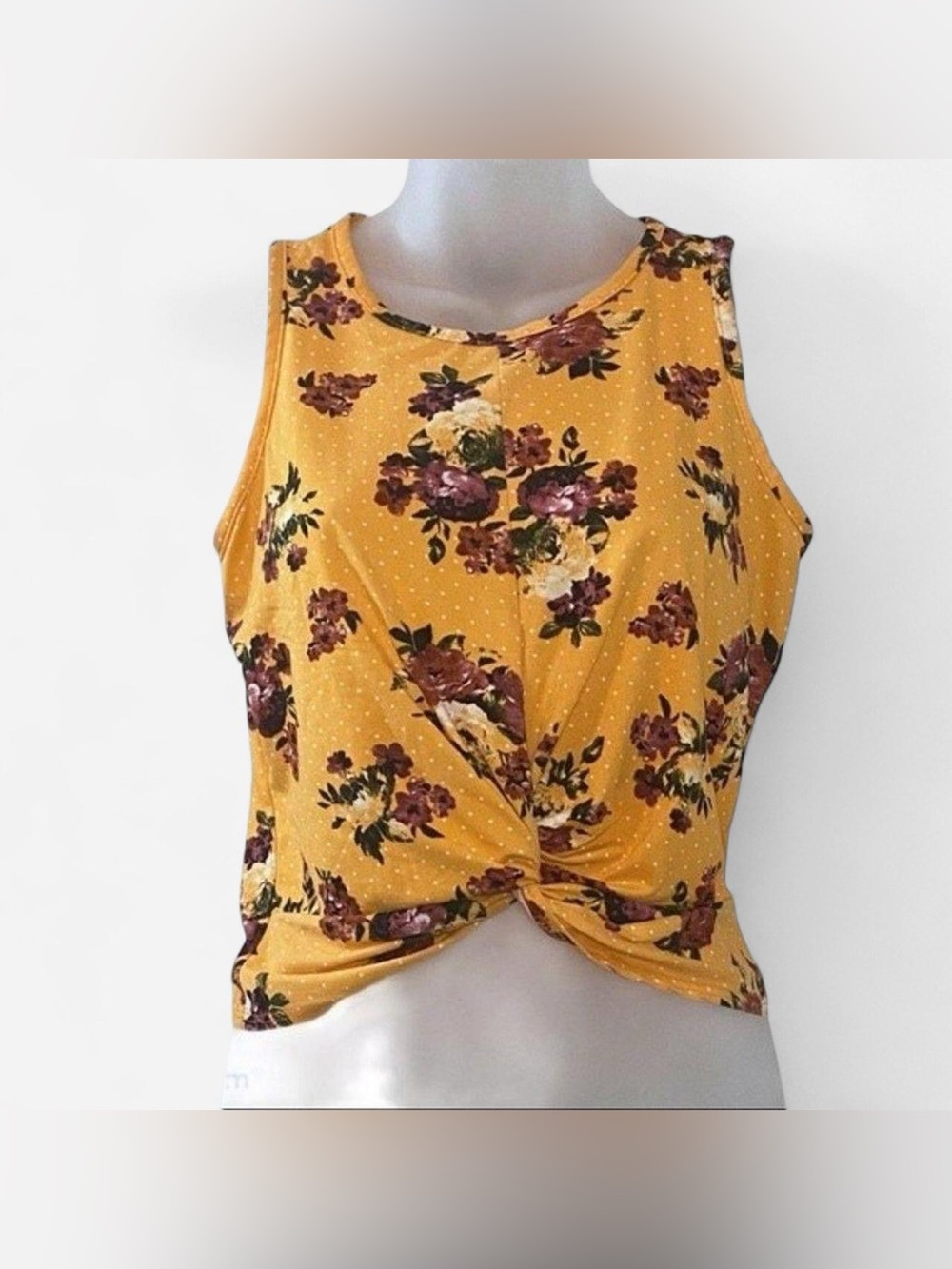 First Love Mustard Yellow Floral Twist Front Sleeveless Top
